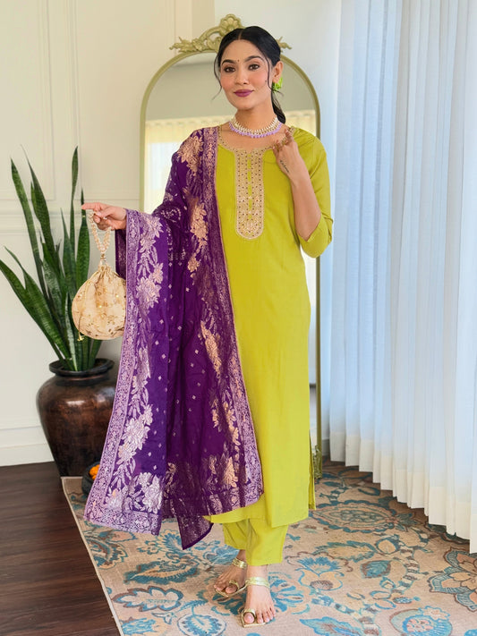 LIME BSY VISCOSE EMBROIDERED KURTA PANT DUPATTA SET