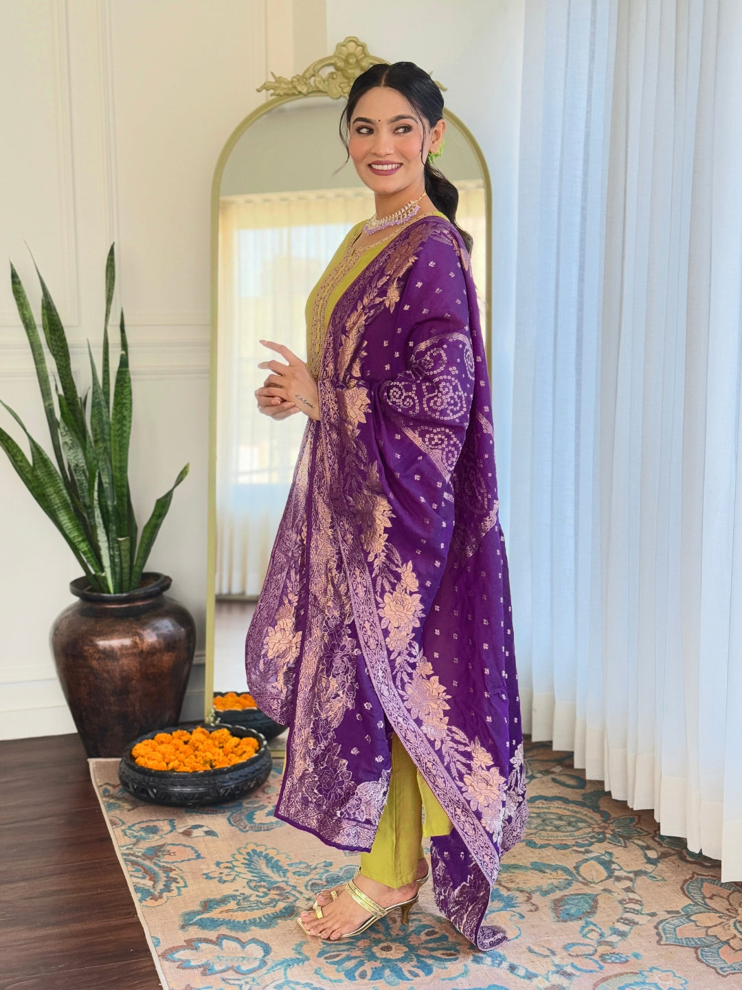 LIME BSY VISCOSE EMBROIDERED KURTA PANT DUPATTA SET