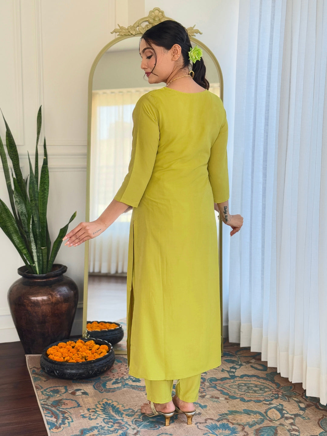 LIME BSY VISCOSE EMBROIDERED KURTA PANT DUPATTA SET