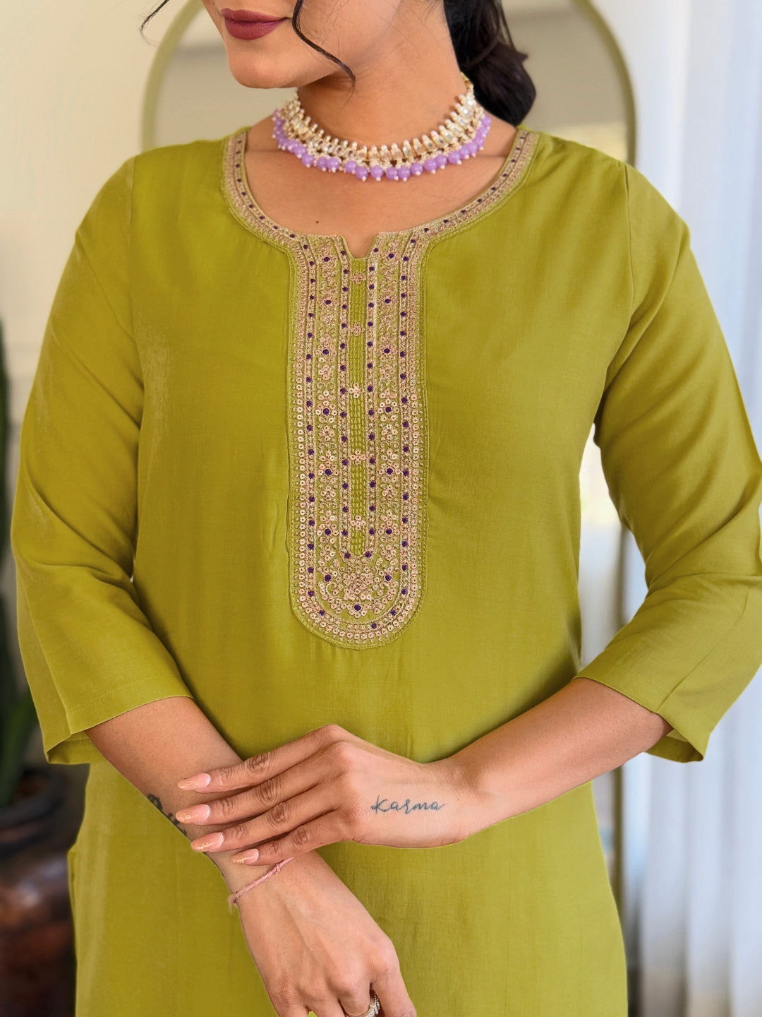 LIME BSY VISCOSE EMBROIDERED KURTA PANT DUPATTA SET