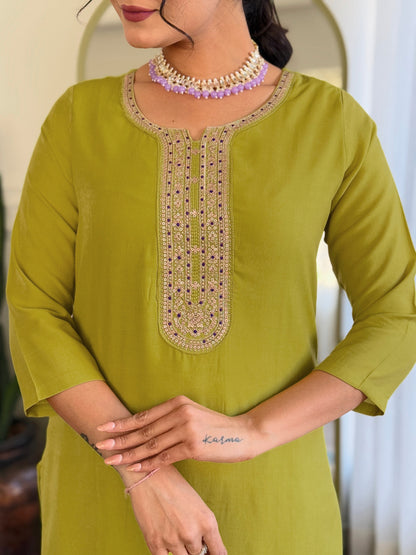 LIME BSY VISCOSE EMBROIDERED KURTA PANT DUPATTA SET
