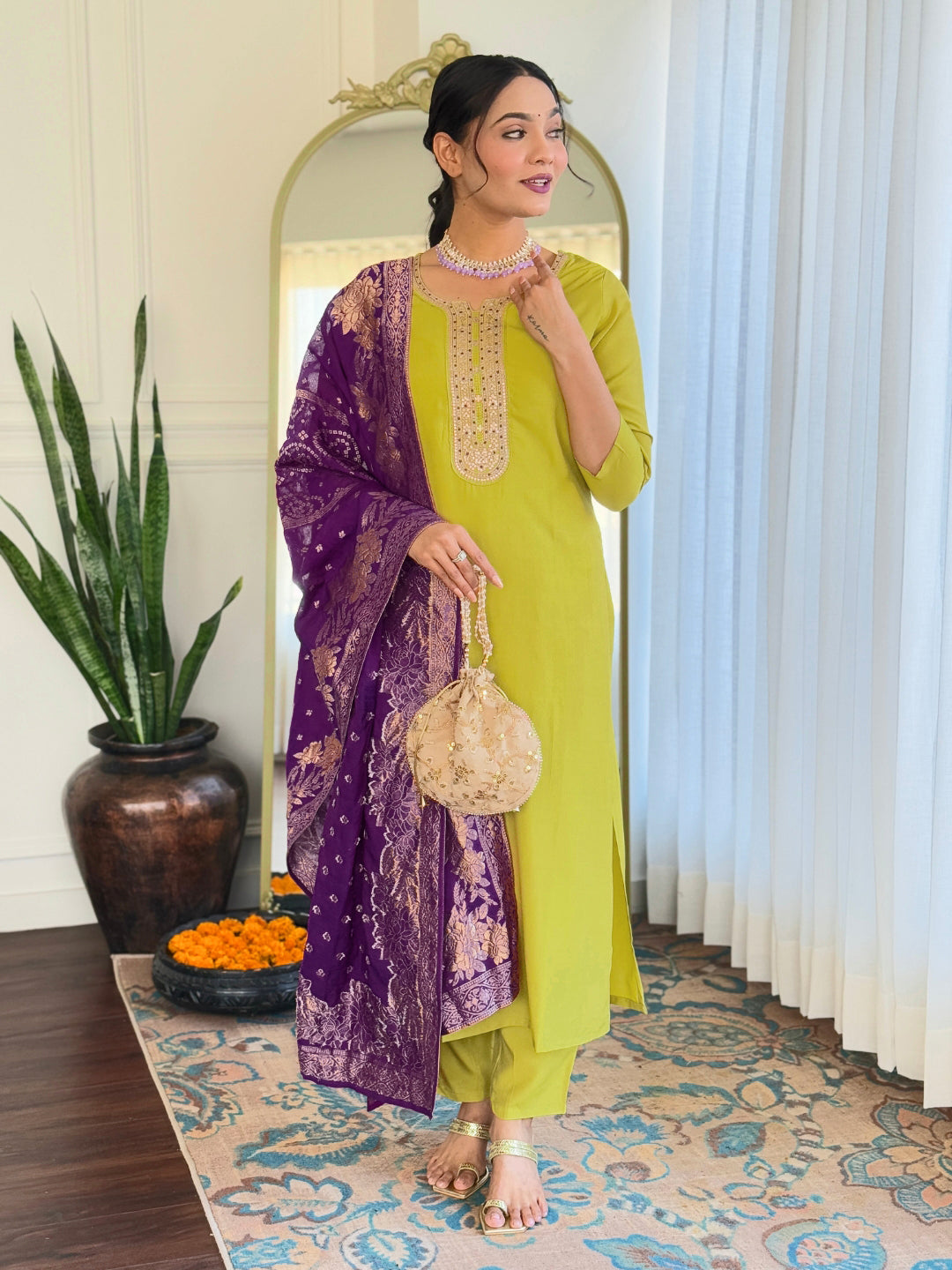 LIME BSY VISCOSE EMBROIDERED KURTA PANT DUPATTA SET