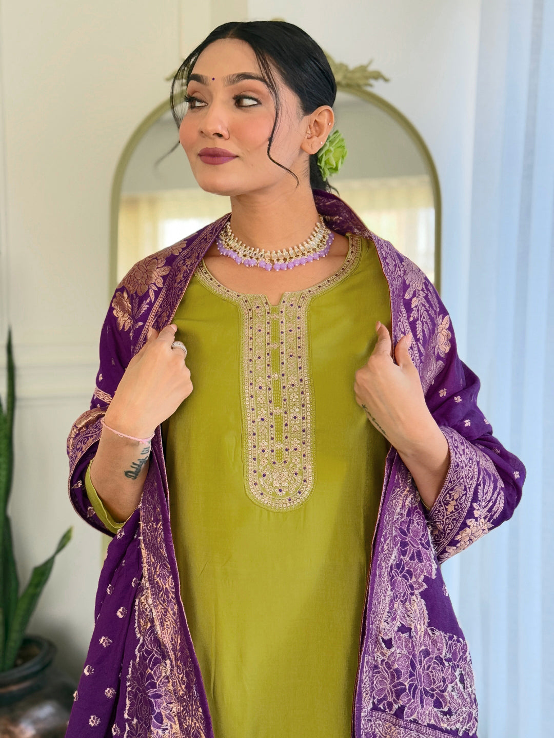 LIME BSY VISCOSE EMBROIDERED KURTA PANT DUPATTA SET