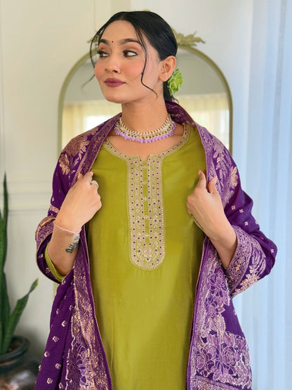 LIME BSY VISCOSE EMBROIDERED KURTA PANT DUPATTA SET