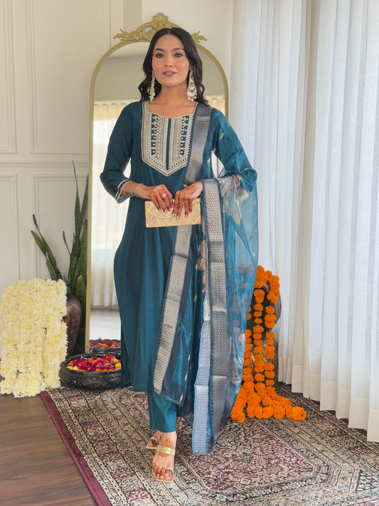 TEAL BSY VISCOSE EMBROIDERED KURTA PANT DUPATTA SET