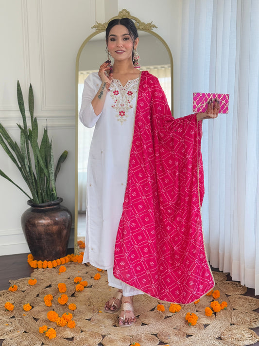 WHITE BSY VISCOSE EMBROIDERED KURTA PANT DUPATTA SET