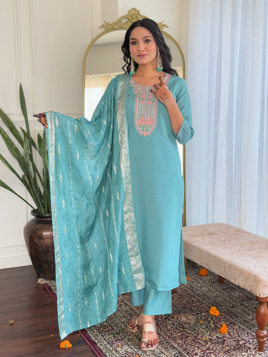 SKY CHANDERI EMBROIDERED KURTA PANT DUPATTA SET