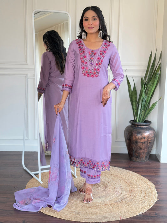 LAVENDER BSY VISCOSE EMBROIDERED KURTA PANT DUPATTA