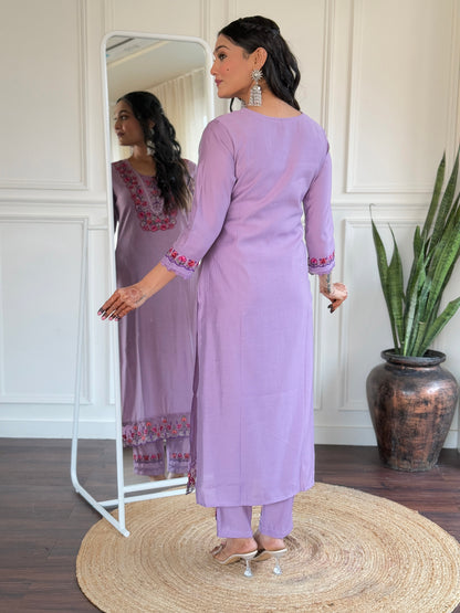 LAVENDER BSY VISCOSE EMBROIDERED KURTA PANT DUPATTA