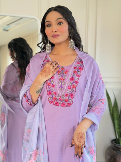LAVENDER BSY VISCOSE EMBROIDERED KURTA PANT DUPATTA