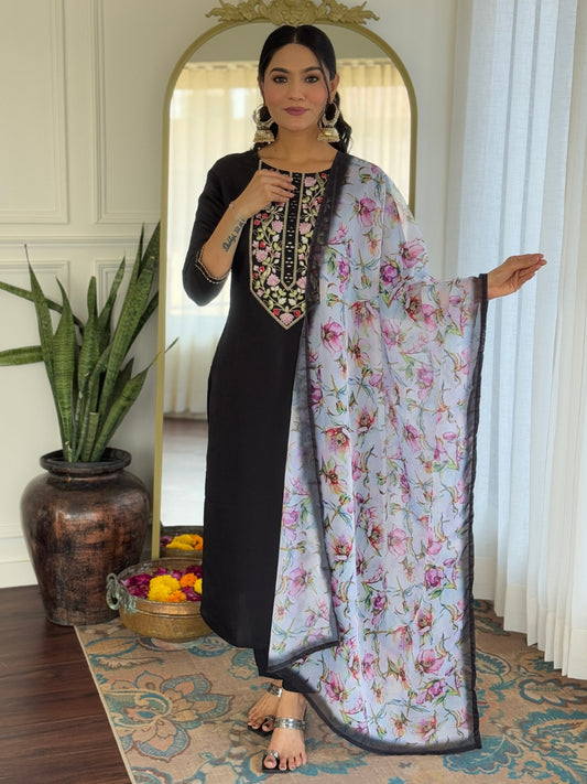 BLACK RAYON EMBROIDERED KURTA PANT DUPATTA SET