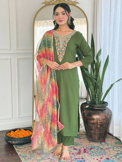 MAHENDI RAYON EMBROIDERED KURTA PANT DUPATTA SET