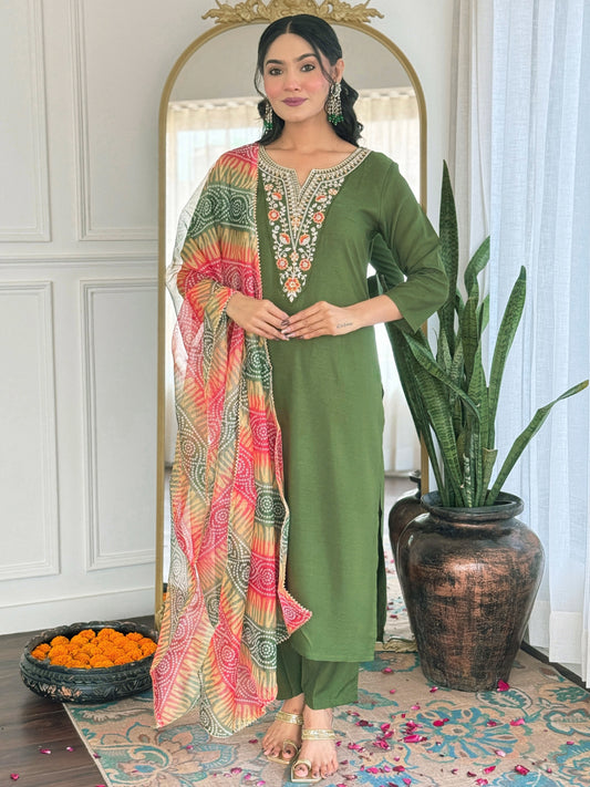 MAHENDI RAYON EMBROIDERED KURTA PANT DUPATTA SET