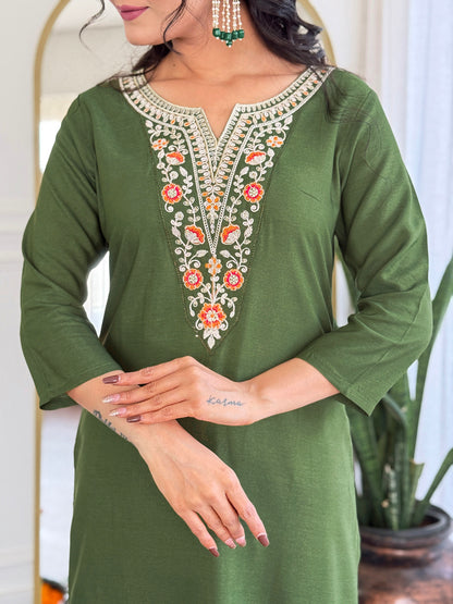 MAHENDI RAYON EMBROIDERED KURTA PANT DUPATTA SET