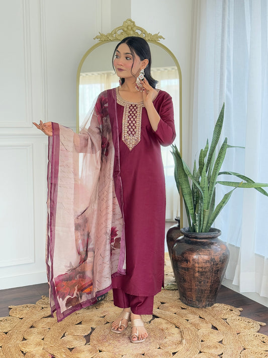 WOMEN'S MAROON RAYON EMBROIDERED STRAIGHT KURTA WITH RAYON PANT AND TABY PRINTED DUPATTA SETS