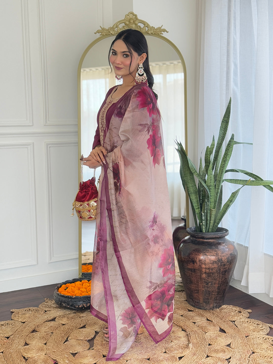 WOMEN'S MAROON RAYON EMBROIDERED STRAIGHT KURTA WITH RAYON PANT AND TABY PRINTED DUPATTA SETS