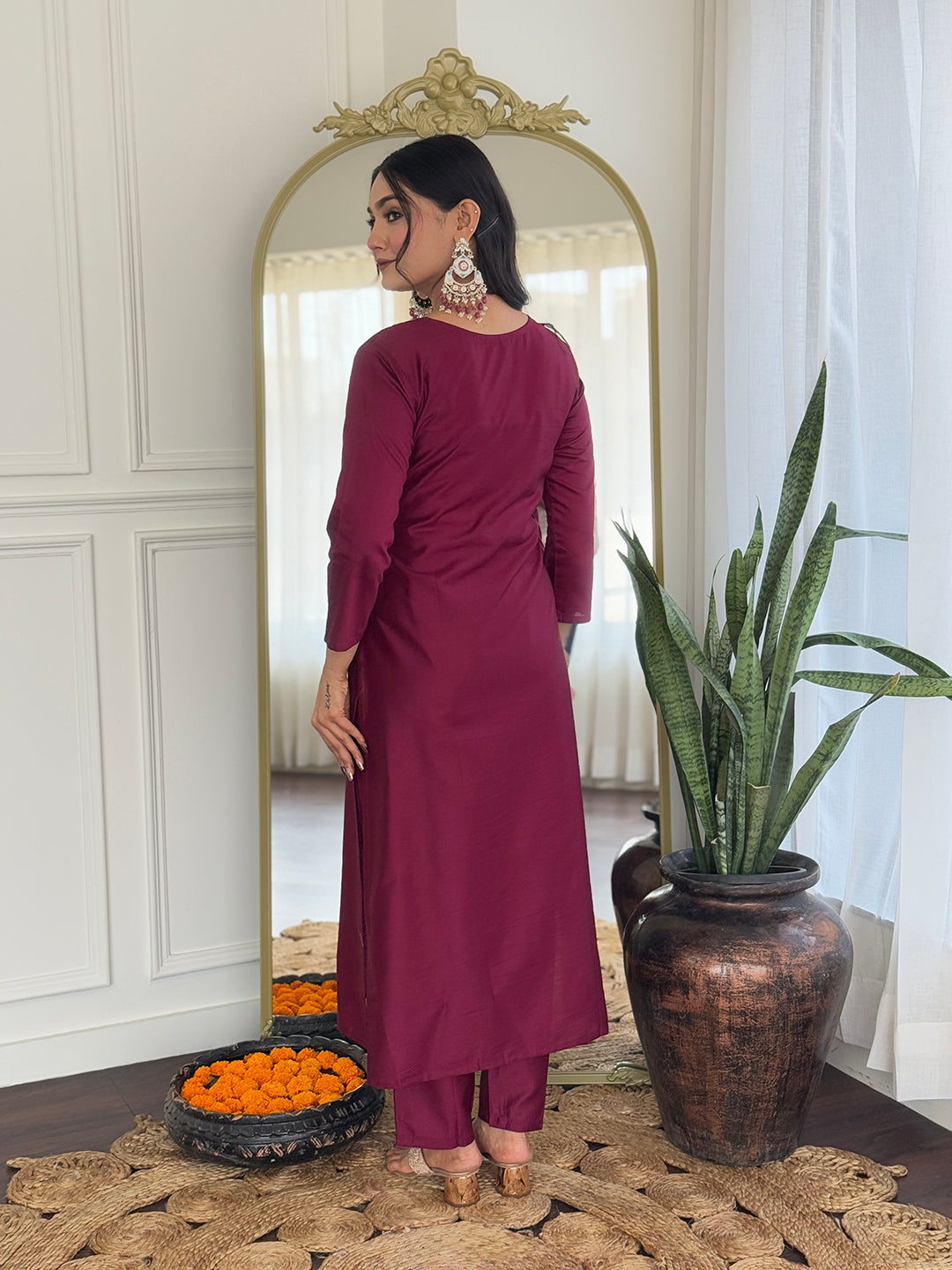 WOMEN'S MAROON RAYON EMBROIDERED STRAIGHT KURTA WITH RAYON PANT AND TABY PRINTED DUPATTA SETS