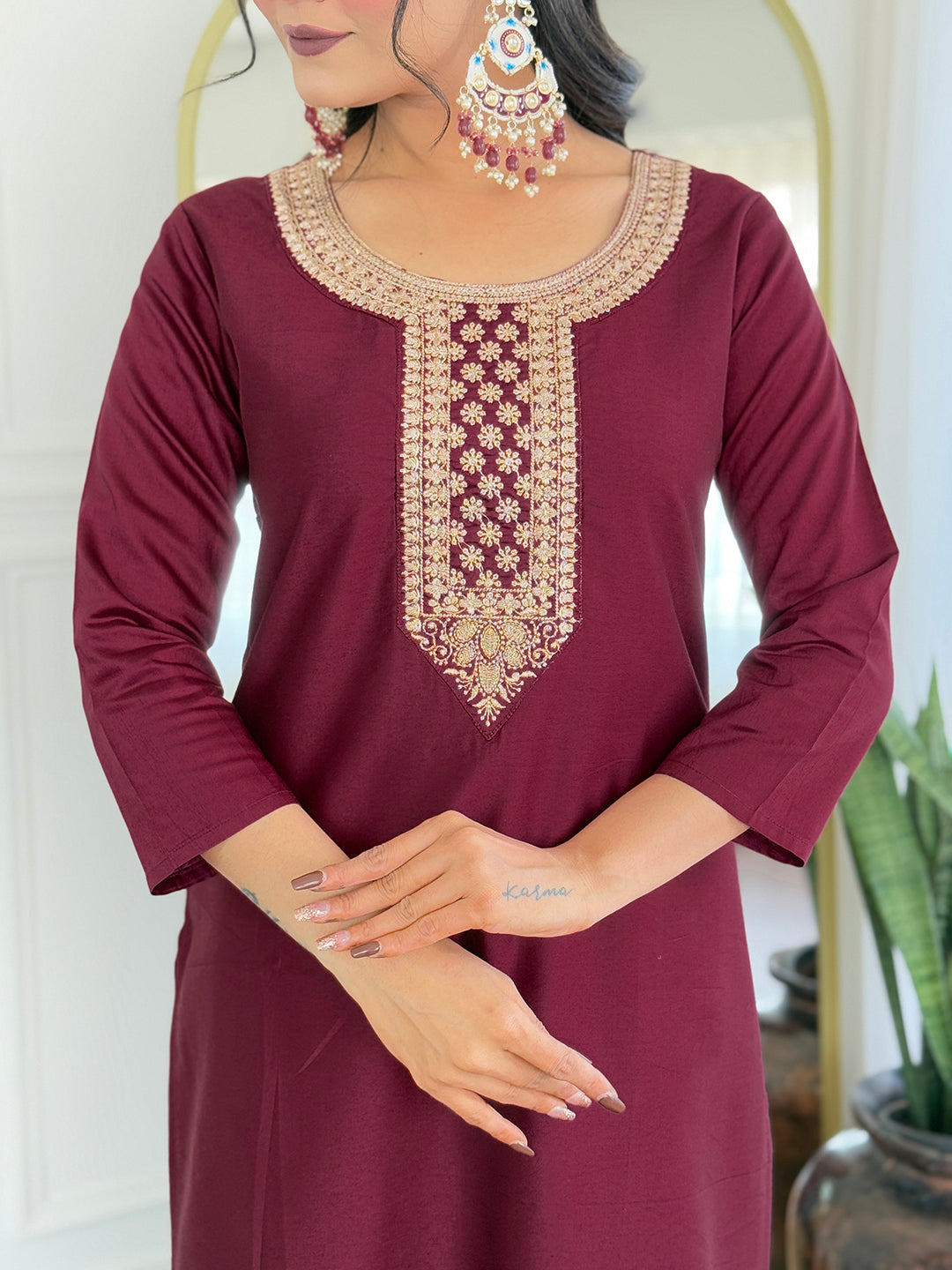 WOMEN'S MAROON RAYON EMBROIDERED STRAIGHT KURTA WITH RAYON PANT AND TABY PRINTED DUPATTA SETS