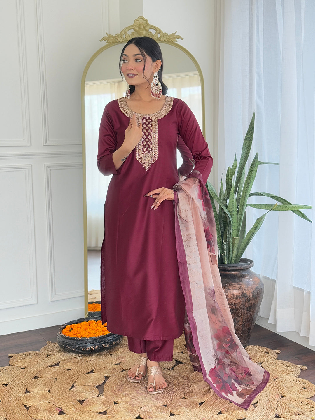 WOMEN'S MAROON RAYON EMBROIDERED STRAIGHT KURTA WITH RAYON PANT AND TABY PRINTED DUPATTA SETS