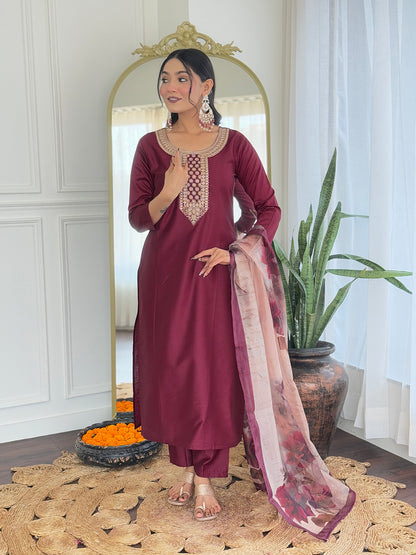 WOMEN'S MAROON RAYON EMBROIDERED STRAIGHT KURTA WITH RAYON PANT AND TABY PRINTED DUPATTA SETS