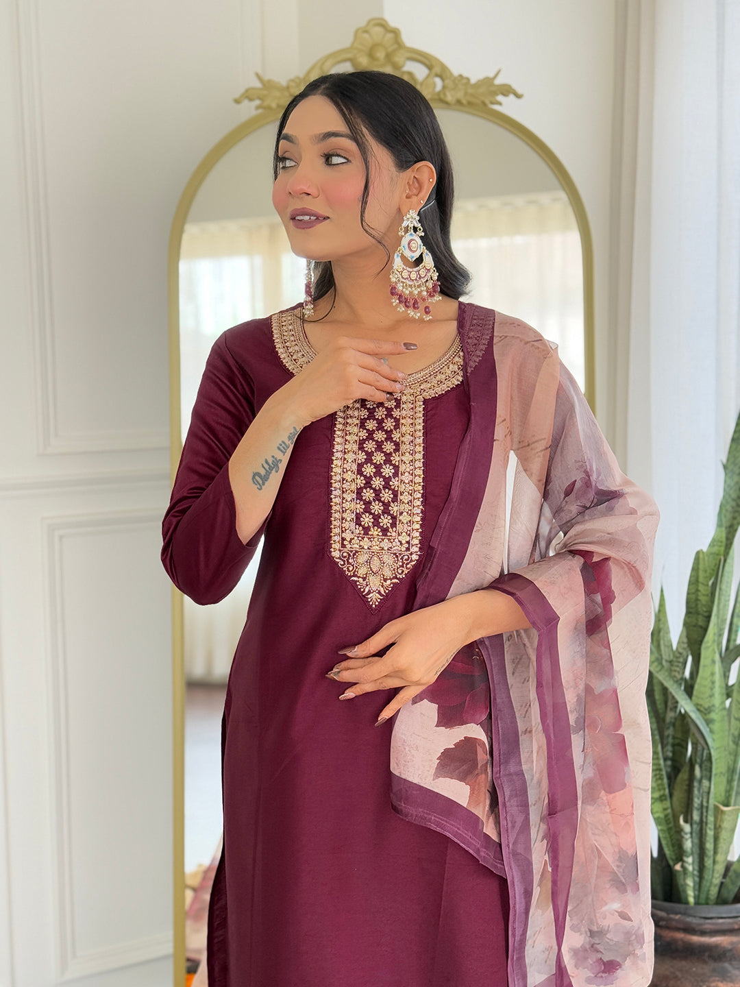 WOMEN'S MAROON RAYON EMBROIDERED STRAIGHT KURTA WITH RAYON PANT AND TABY PRINTED DUPATTA SETS