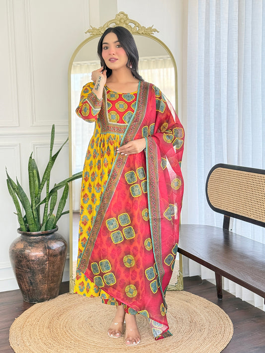 YELLOW FLORAL PRINTED COTTON KURTA PANT DUPATTA SET