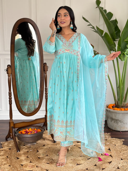 MANJARI SKY BLUE ALL-DAY WEAR COTTON KURTA SET
