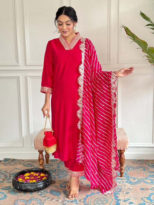 PARUL RED STRAIGHT COTTON KURTA SET