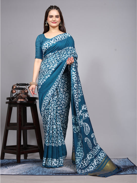 BLUE BATIK LAGADI PATTA CHANDERI COTTON SAREE