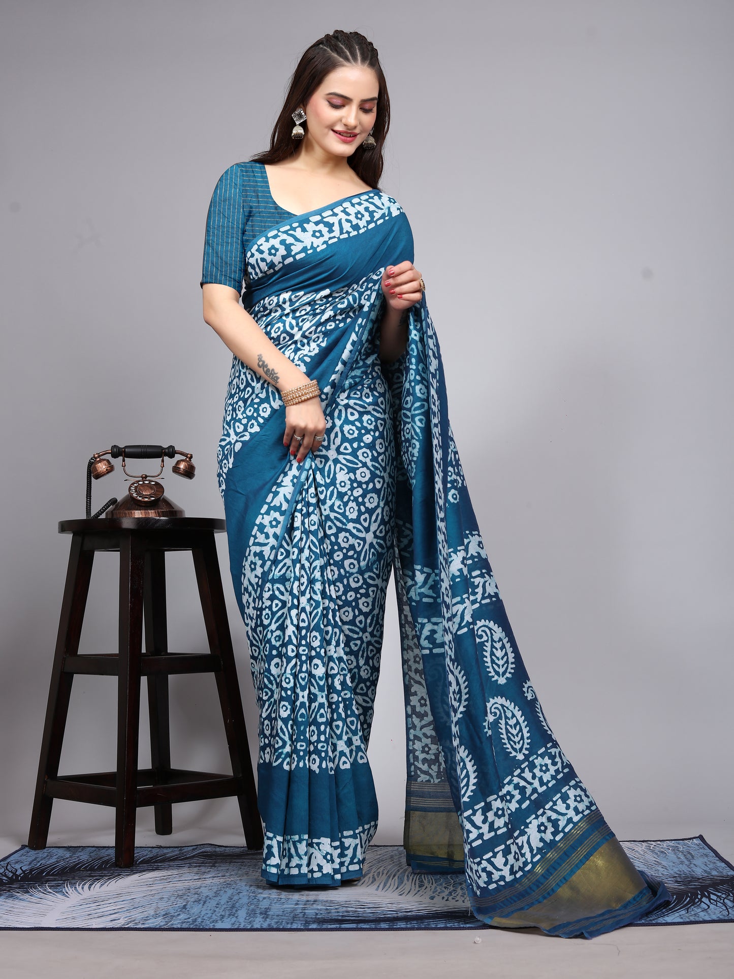 BLUE BATIK LAGADI PATTA CHANDERI COTTON SAREE