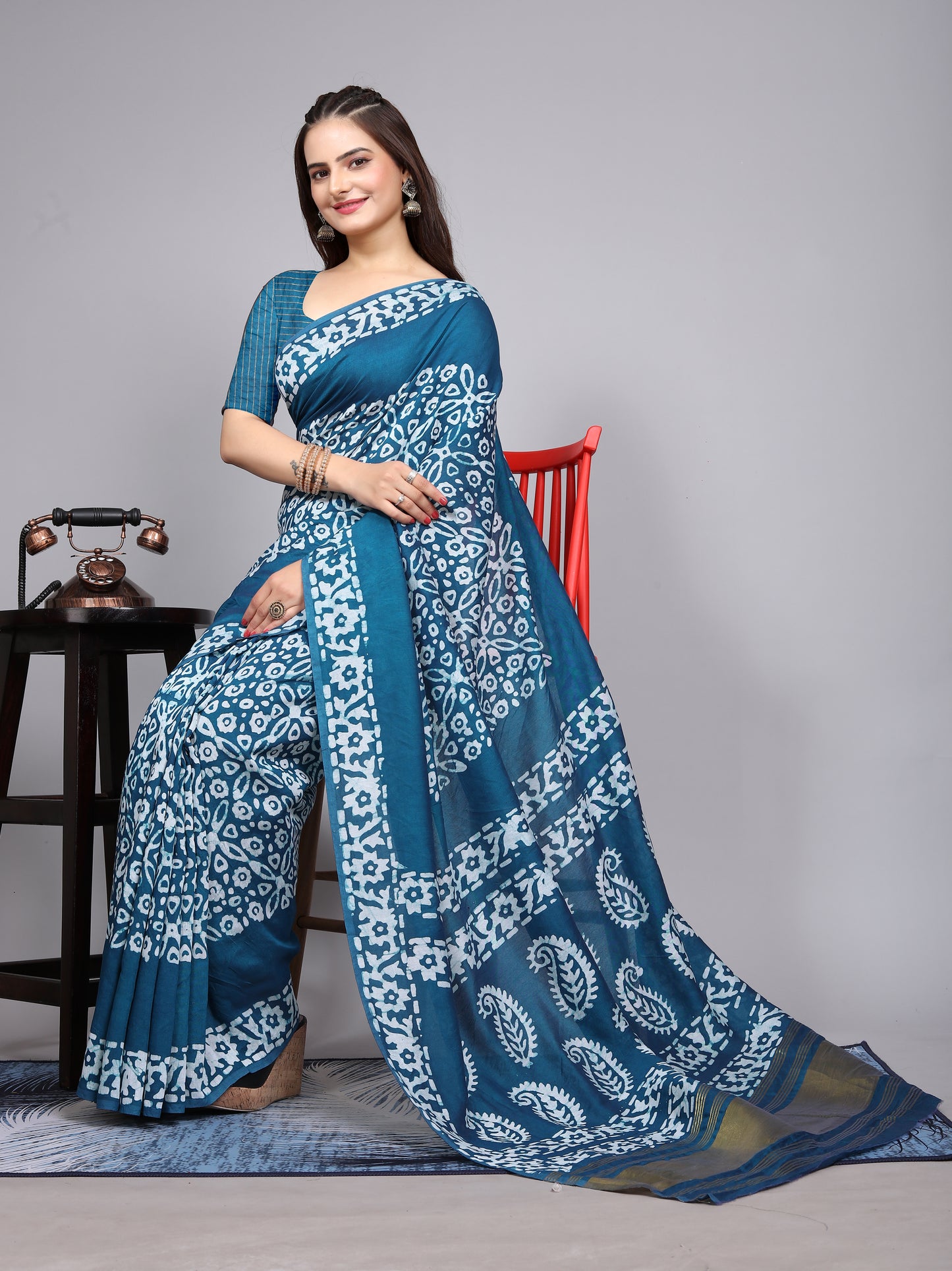 BLUE BATIK LAGADI PATTA CHANDERI COTTON SAREE