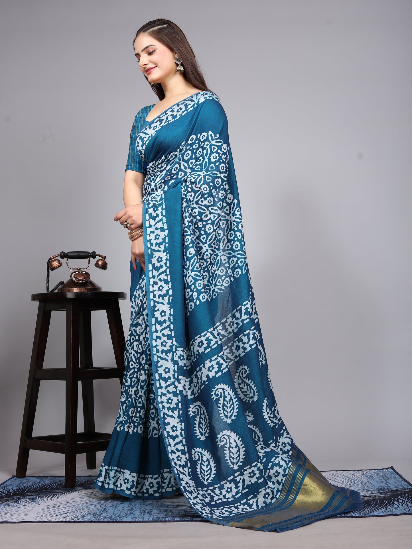 BLUE BATIK LAGADI PATTA CHANDERI COTTON SAREE