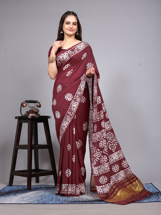 MAROON BATIK LAGADI PATTA CHANDERI COTTON SAREE