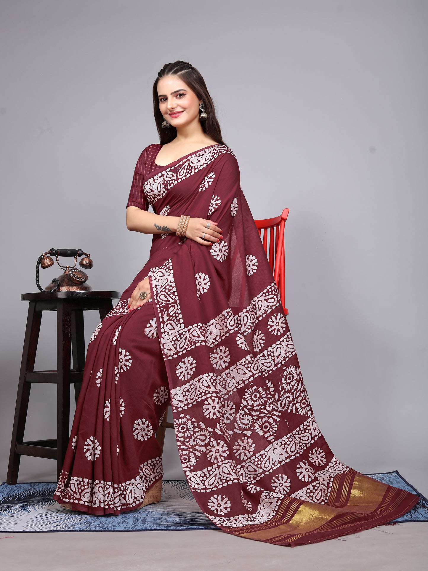 MAROON BATIK LAGADI PATTA CHANDERI COTTON SAREE