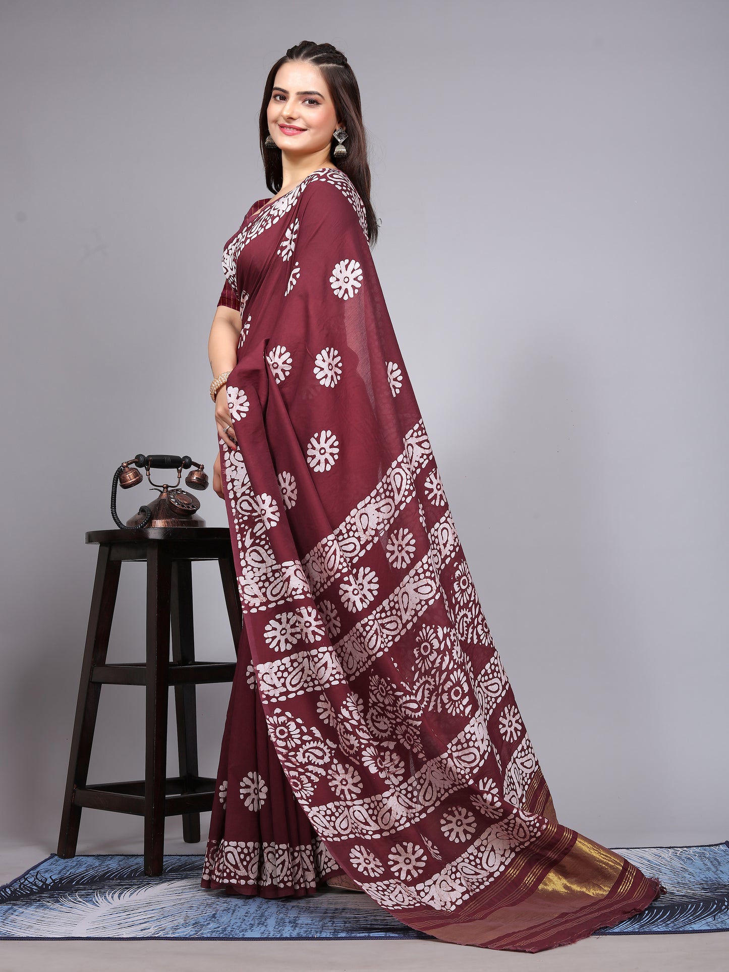 MAROON BATIK LAGADI PATTA CHANDERI COTTON SAREE