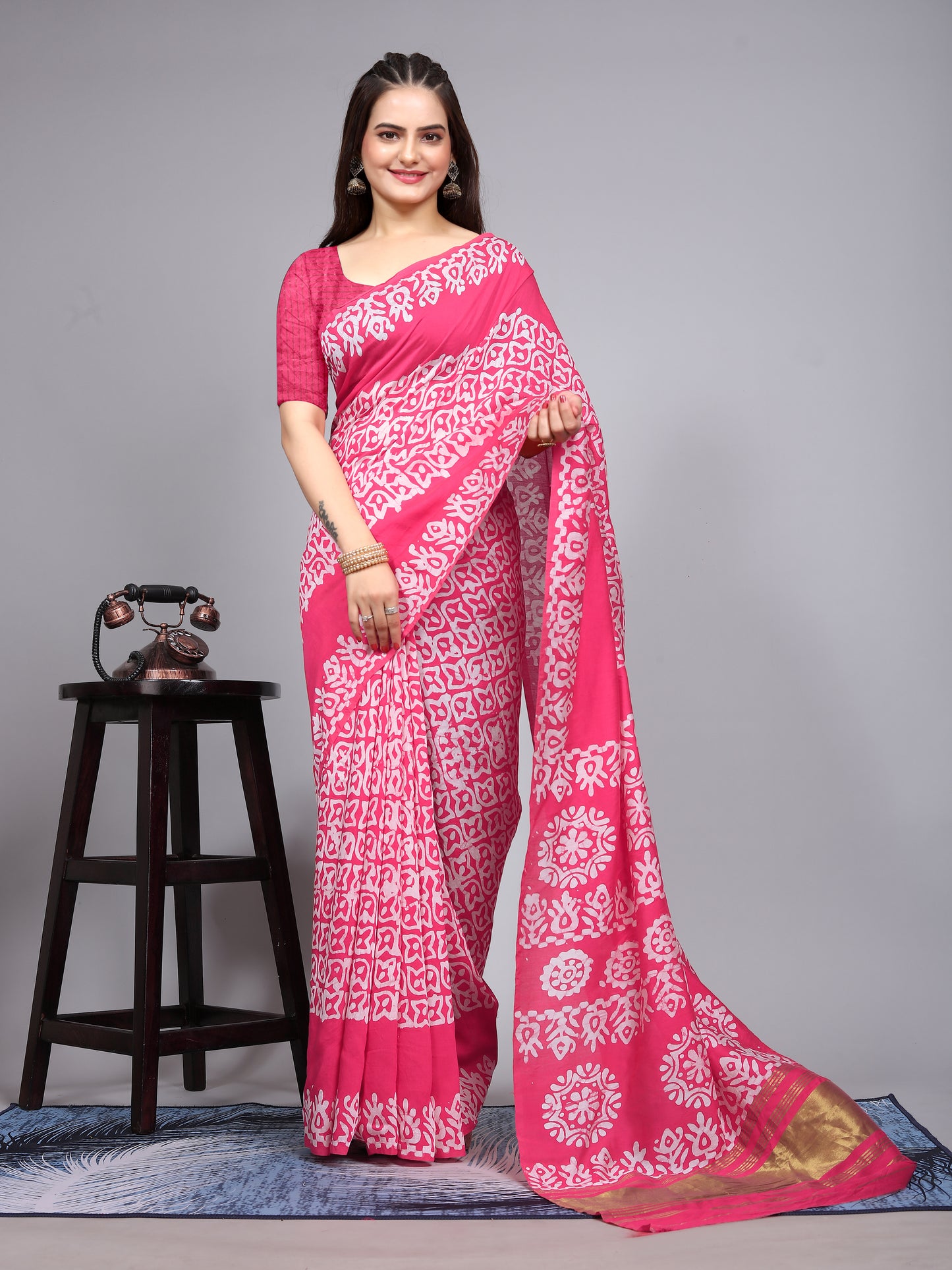 PINK BATIK LAGADI PATTA CHANDERI COTTON SAREE