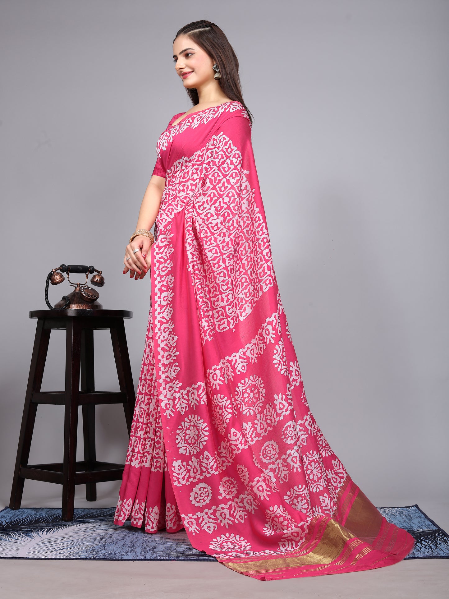 PINK BATIK LAGADI PATTA CHANDERI COTTON SAREE