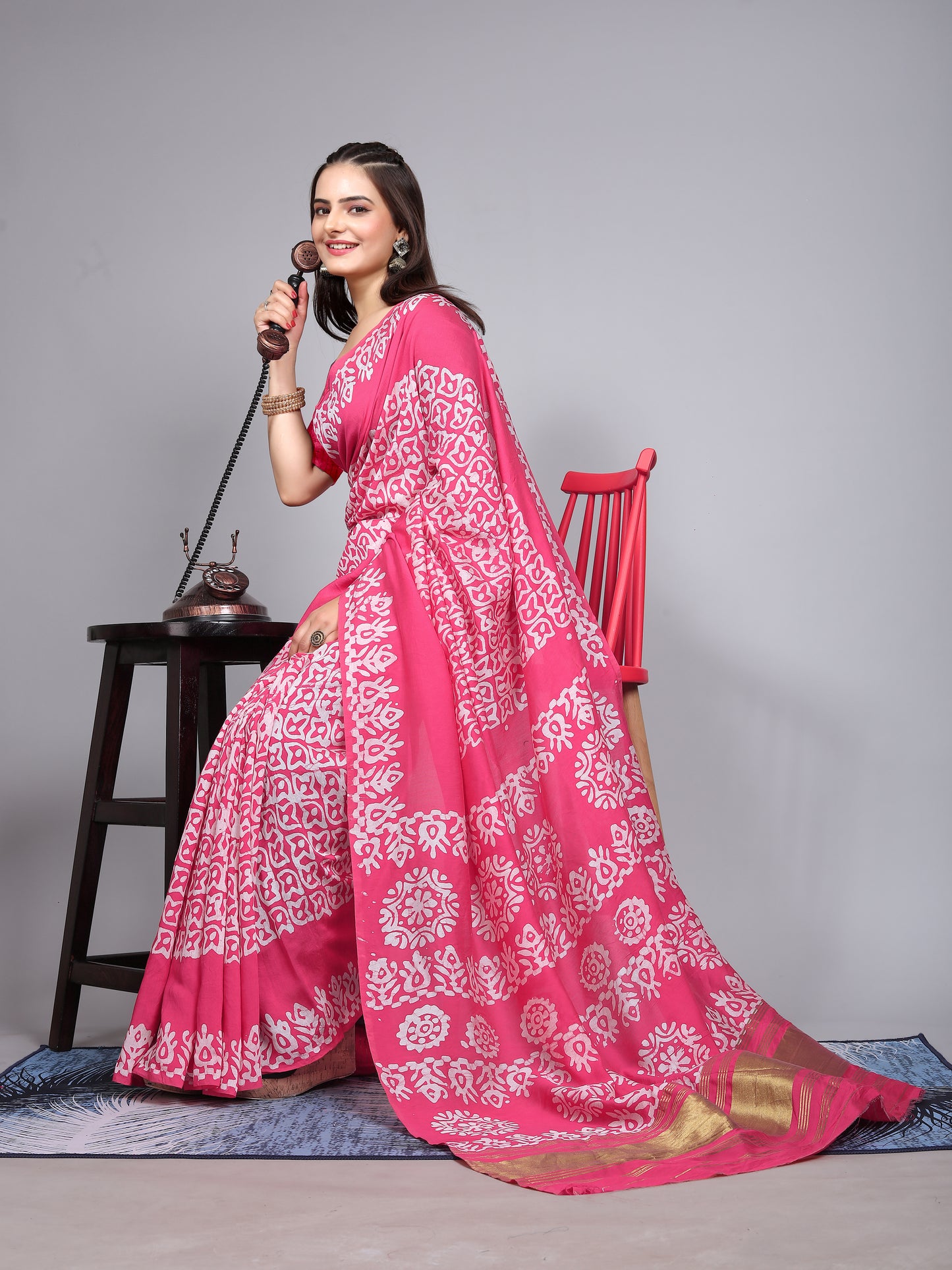 PINK BATIK LAGADI PATTA CHANDERI COTTON SAREE