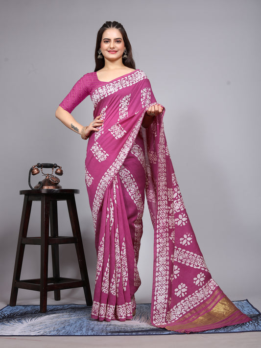 WINE BATIK LAGADI PATTA CHANDERI COTTON SAREE