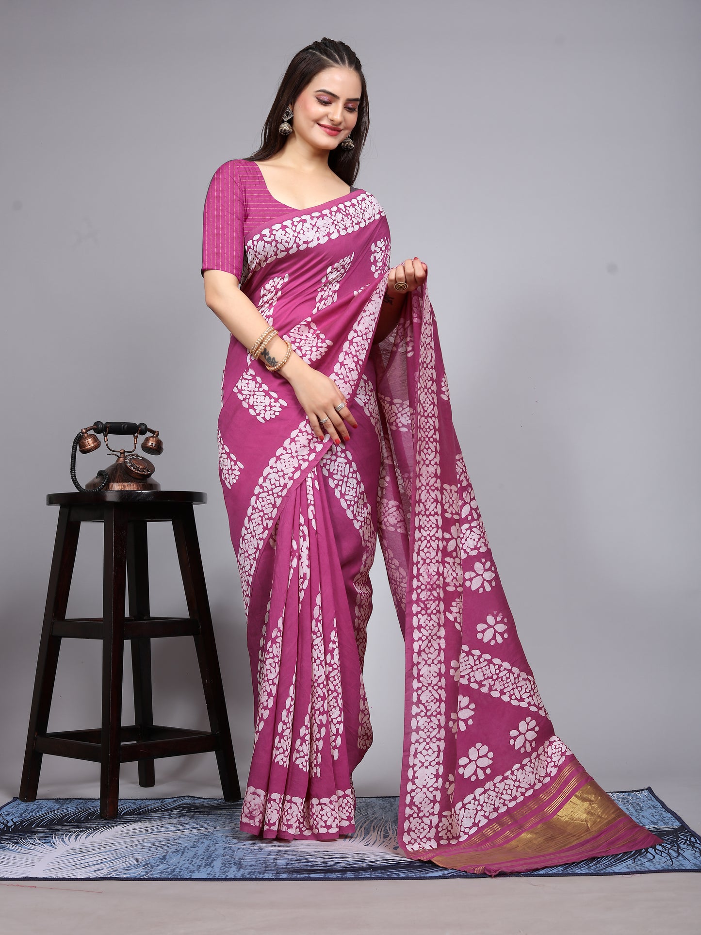 WINE BATIK LAGADI PATTA CHANDERI COTTON SAREE