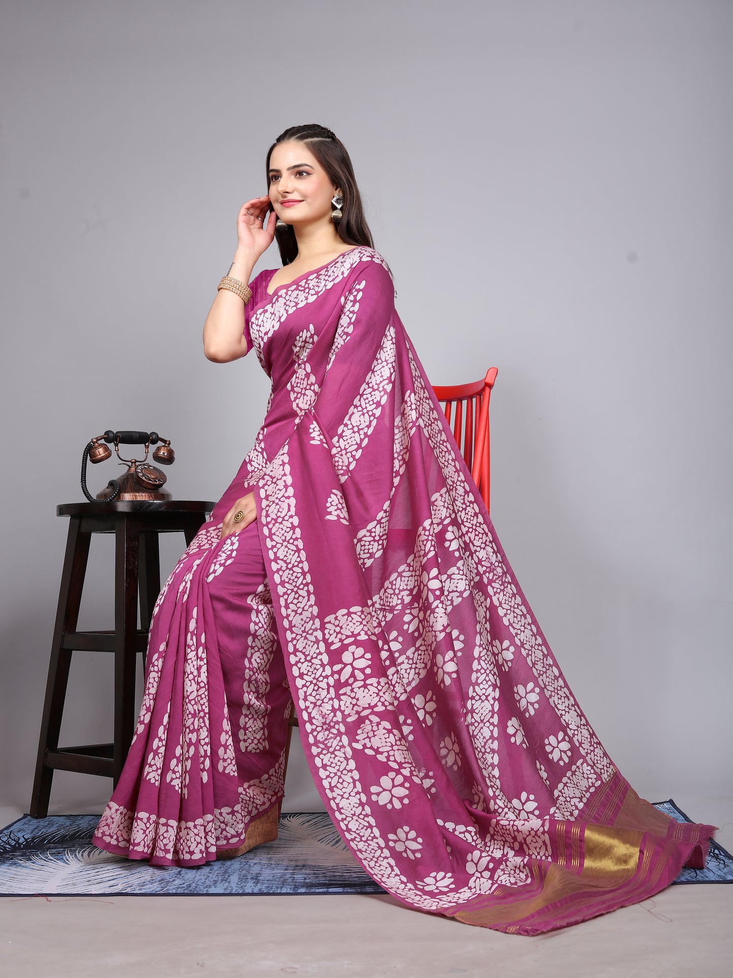 WINE BATIK LAGADI PATTA CHANDERI COTTON SAREE