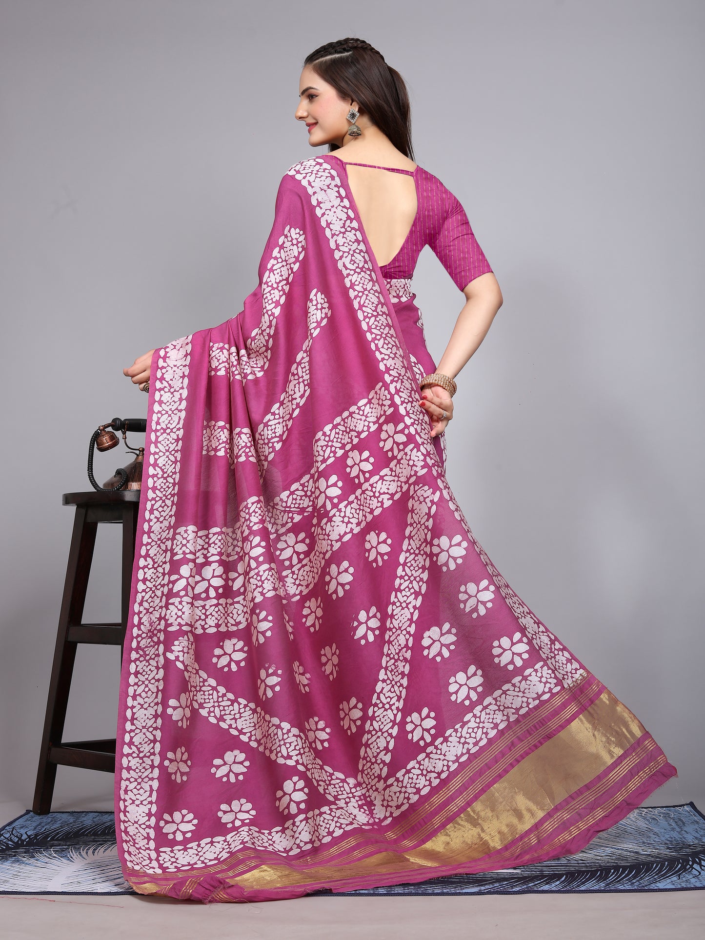 WINE BATIK LAGADI PATTA CHANDERI COTTON SAREE