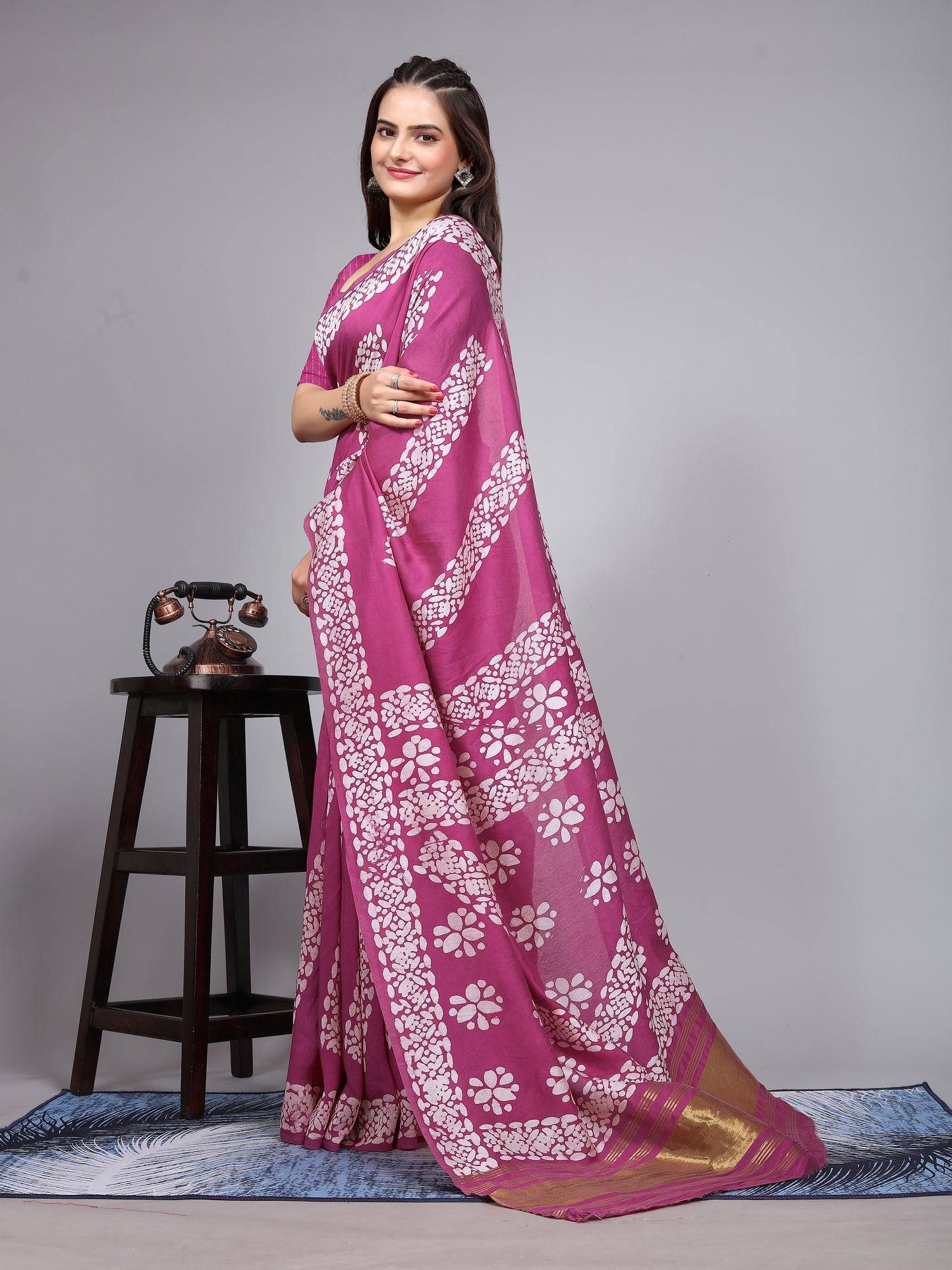 WINE BATIK LAGADI PATTA CHANDERI COTTON SAREE