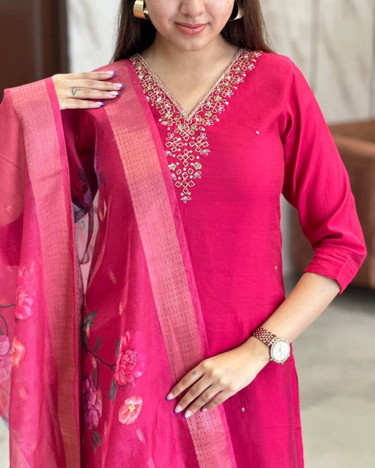 RANI PINK EMBROIDERED NECK KURTA SET WITH FLORAL DUPATTA