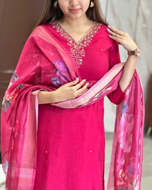 RANI PINK EMBROIDERED NECK KURTA SET WITH FLORAL DUPATTA