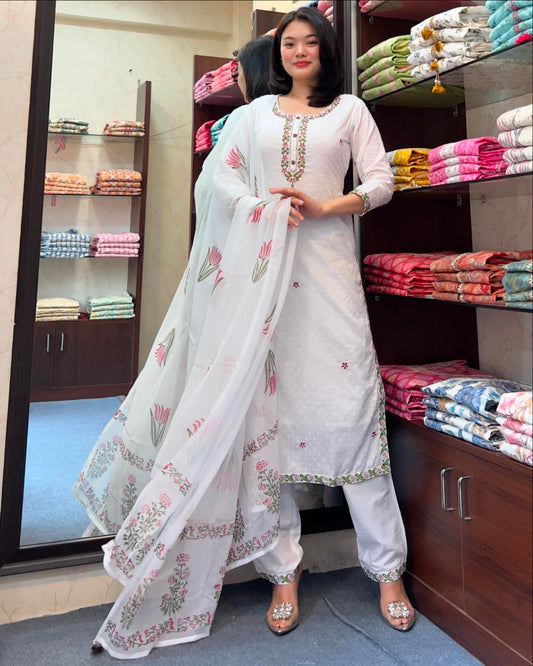 MIA WHITE FLORAL EMBROIDERED COTTON SUIT SET