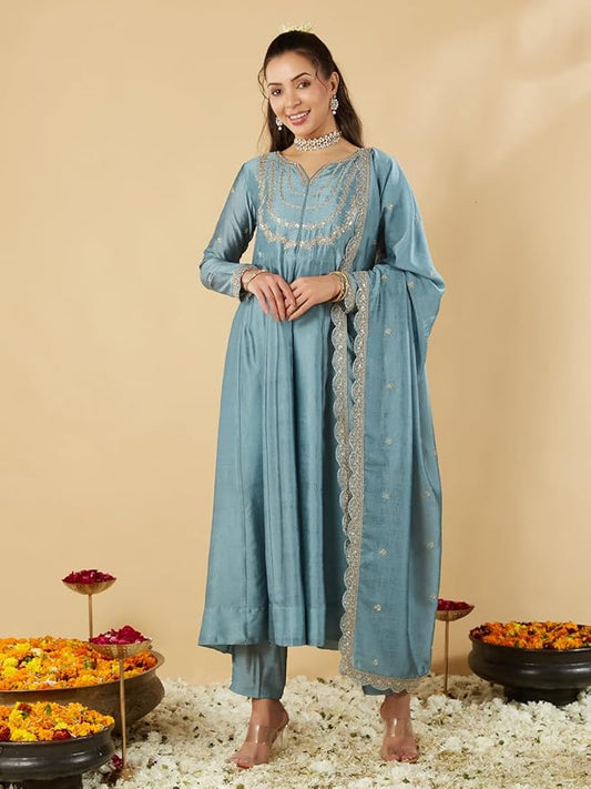 MUSKAN BLUE EMBROIDERED ANARKALI KURTA SET
