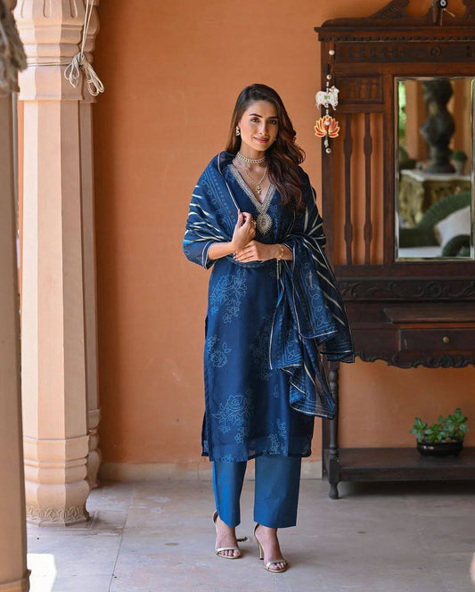 NORA INDIGO HAND-EMBROIDERED COTTON SILK SUIT SET