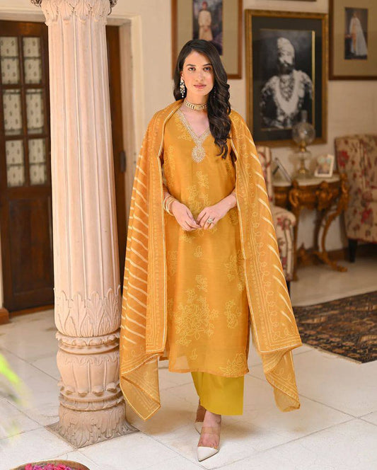 NORA MUSTARD YELLOW HAND-EMBROIDERED COTTON SILK SUIT SET