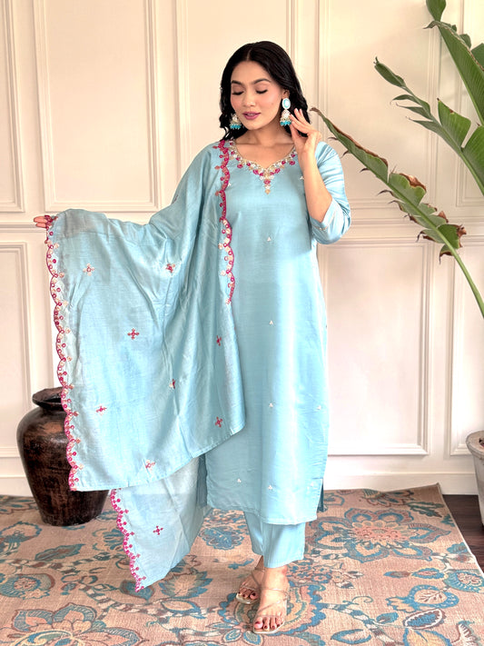 SKY BLUE SILK EMBROIDERED STRAIGHT SUIT SET